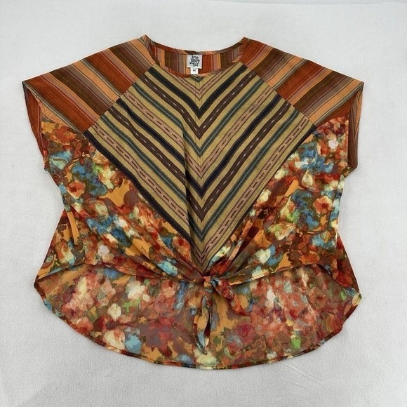 Ivy Jane Womens Mixed Media Floral Stripe Tie Front Top Multi Color M Hippie - Picture 5 of 8